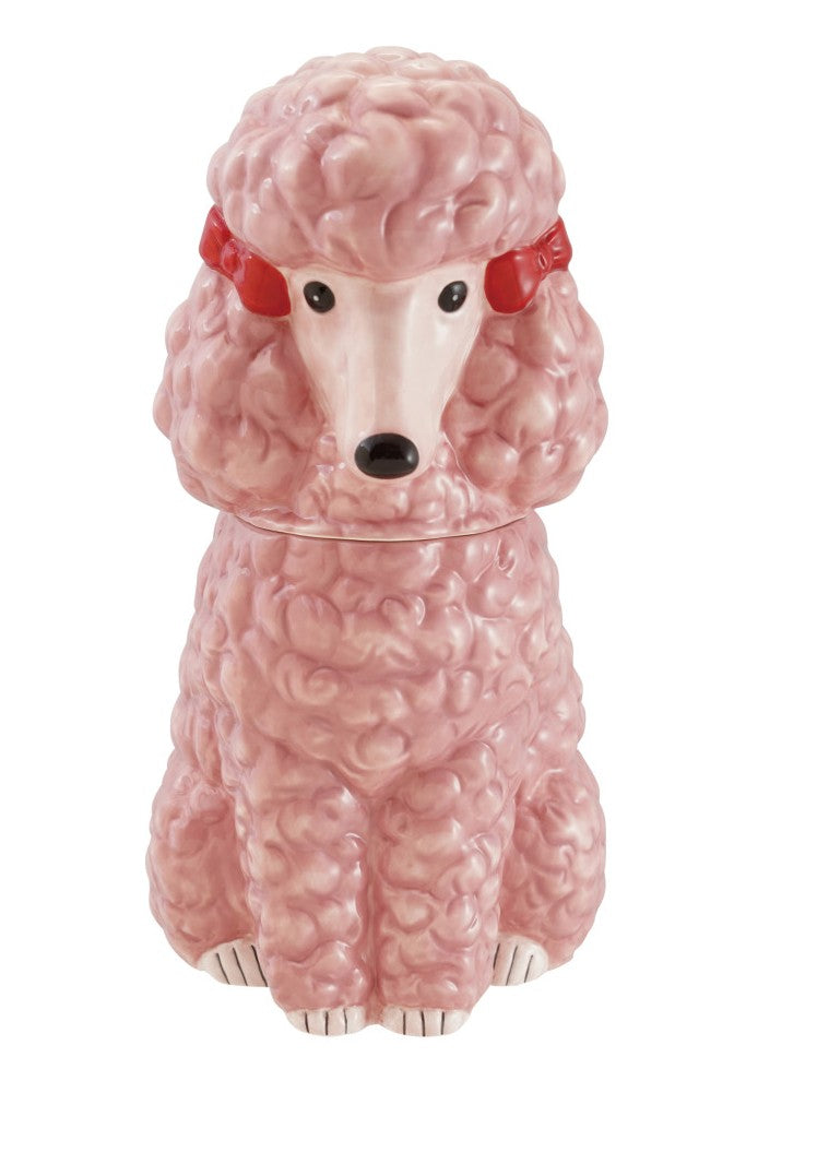 Jar with Cover Ceramic Poodle Shaped Pink with Red Bows 11.75"h