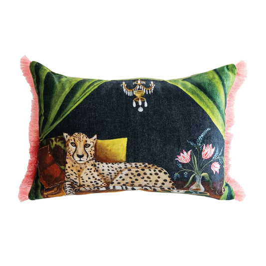 Pillow Lumbar Printed Velvet Cheetah Scene w/ Pink Fringe 20"L x 14"H