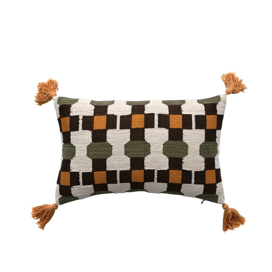 Lumbar Pillow Embroidered Geometric With Tassels Cotton Multicolor 16" x 10"