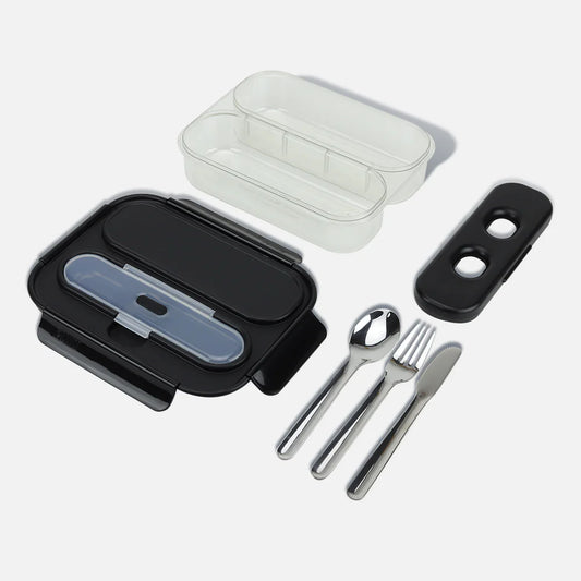 Bento Box - 2 Compartment with Utensils & Ice Pack - Black