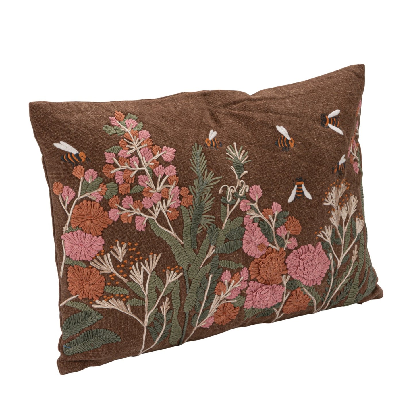 Pillow Lumbar Stonewashed Cotton Slub Flowers & Bees Browns & Pinks