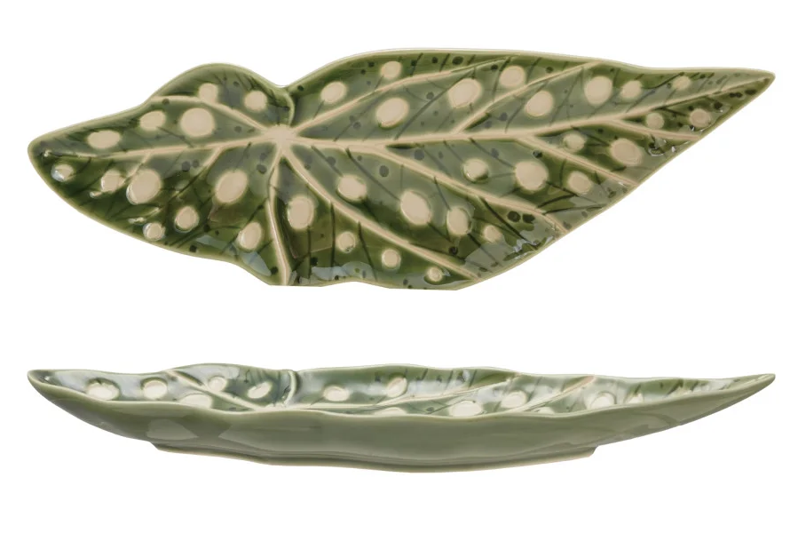 Decorative Plate Stoneware Leaf Shaped Green & White 12"l x 4"w