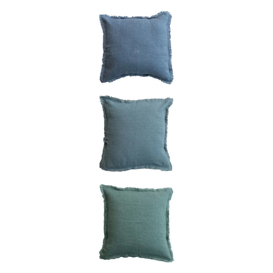 Pillow Stonewashed Linen With Fringe Blues (3 Colors, Sold Individually) 20" Square