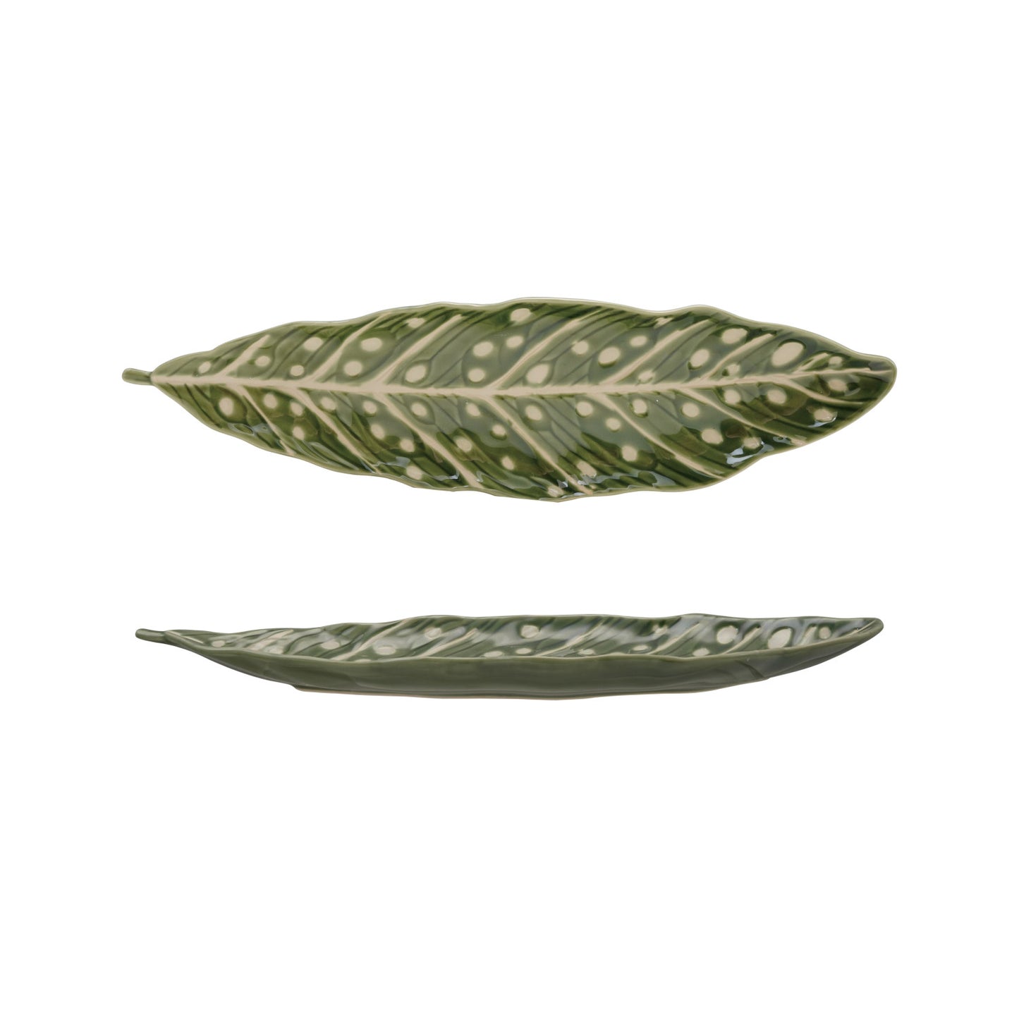 Decorative Plate Stoneware Leaf Shaped Green & White 16.75"l x 4.5"w