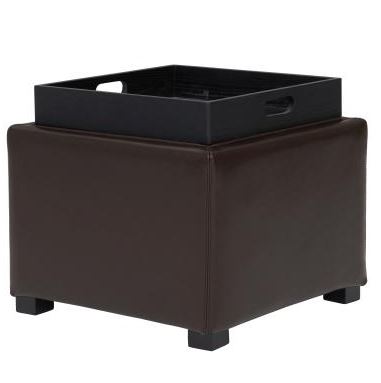 Cameron Leather Storage Ottoman Brown Leather Black Legs & Tray