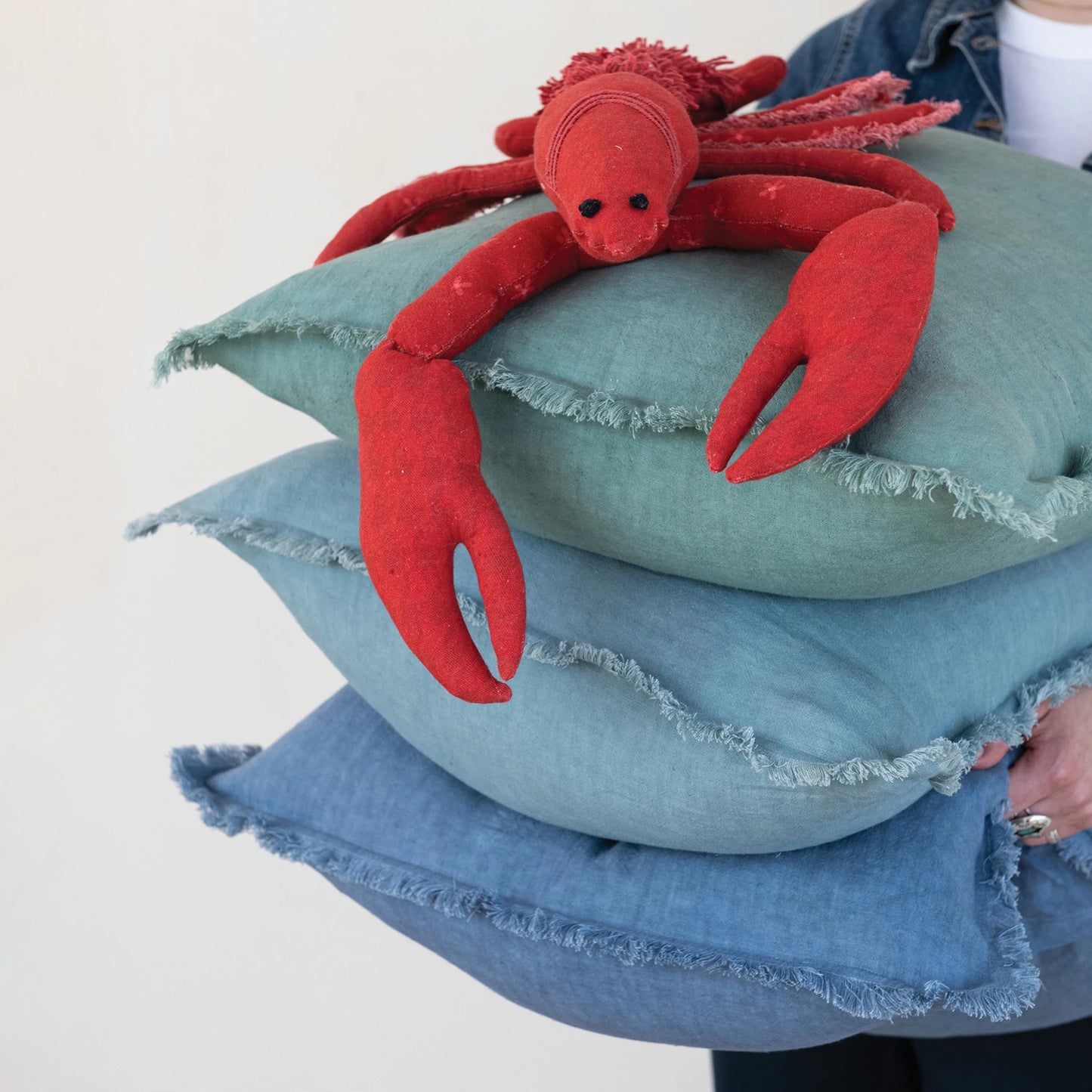 Pillow Stonewashed Linen With Fringe Blues (3 Colors, Sold Individually) 20" Square