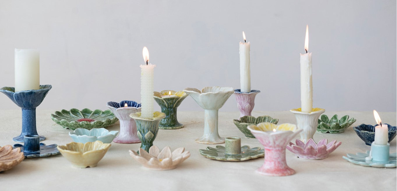 Taper Holder Stoneware Flower Shaped 3 Colors 5" Round (Sold Individually)