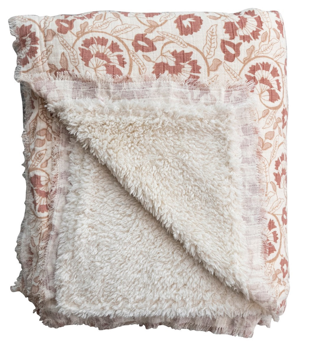 Throw Blanket Sherpa Back Rose & Tan Pattern Front with Raw Edge Fringe