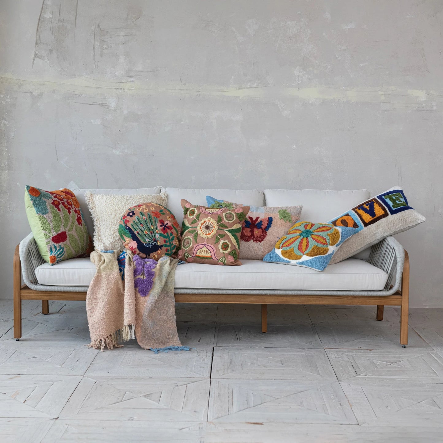 Pillow Peacock and Flowers Tufted w/ Embroidery 16" Round