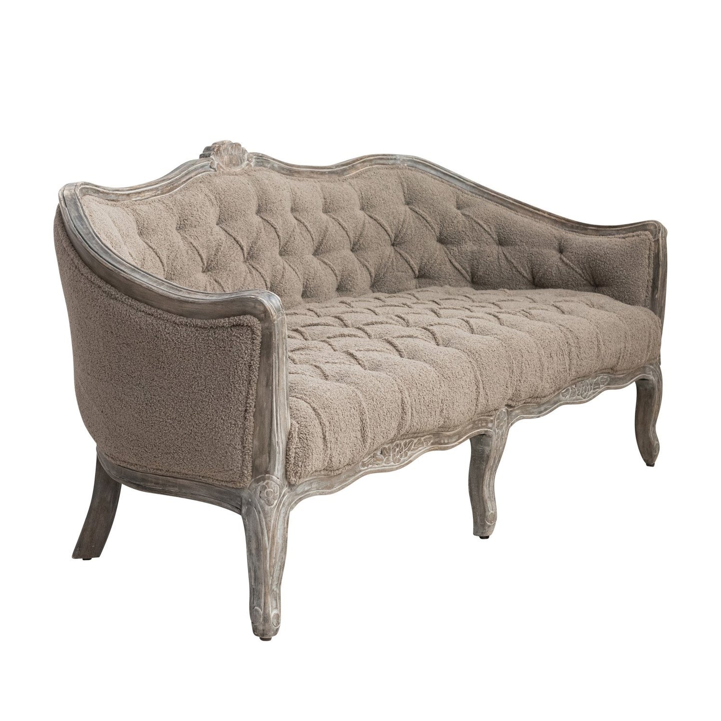Sofa Pintucked Upholstered Bouclé Fabric Hand Carved Mango Wood Frame