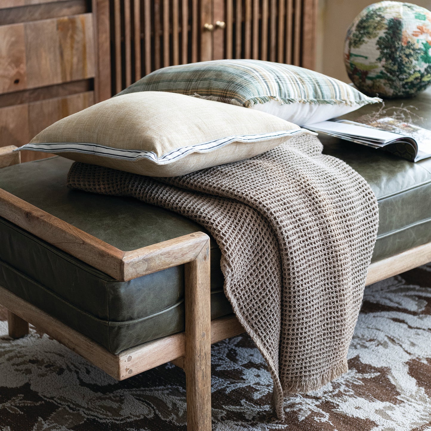 Day Bed/Bench Olive Leather Cushion Mango Wood Frame