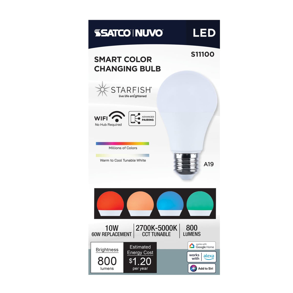 LED Light Bulb; 10 Watt; A19; 2700K-5000K RGB/Tunable White; Starfish; White; Medium Base; 120 Volt
