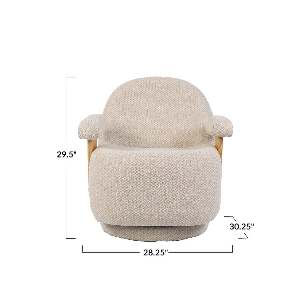 Swivel Chair Upholstered Bouclé Fabric with Rubberwood Arms