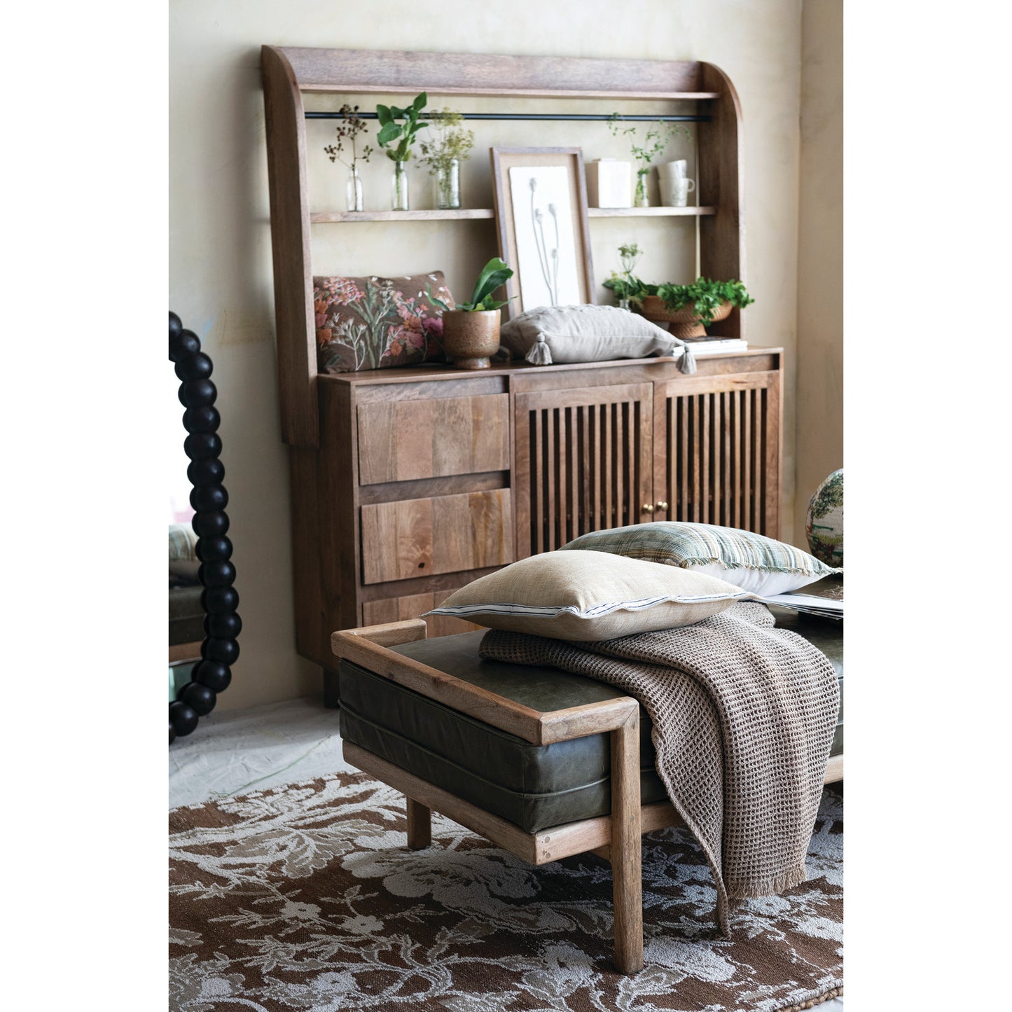 Day Bed/Bench Olive Leather Cushion Mango Wood Frame