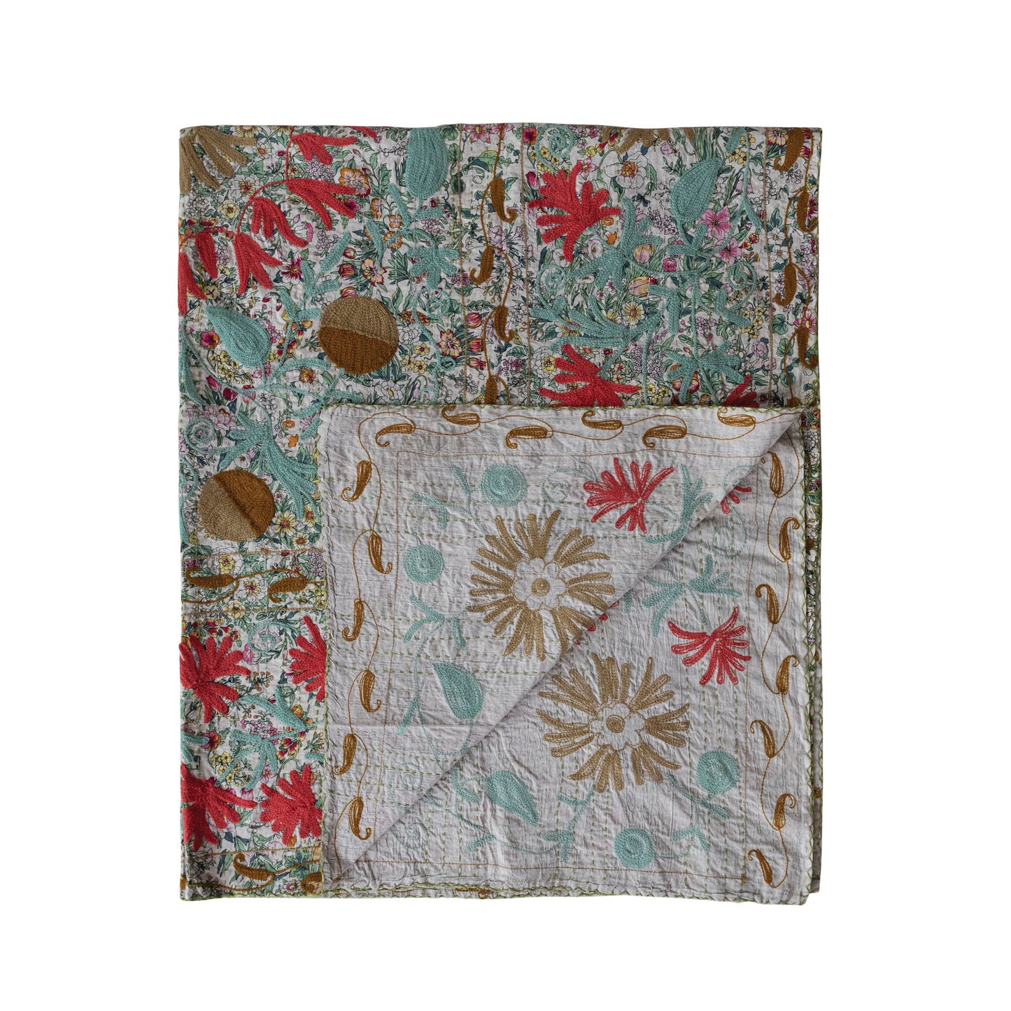 Throw Blanket Stonewashed Cotton Voile Suzani Pattern Kantha Stitch