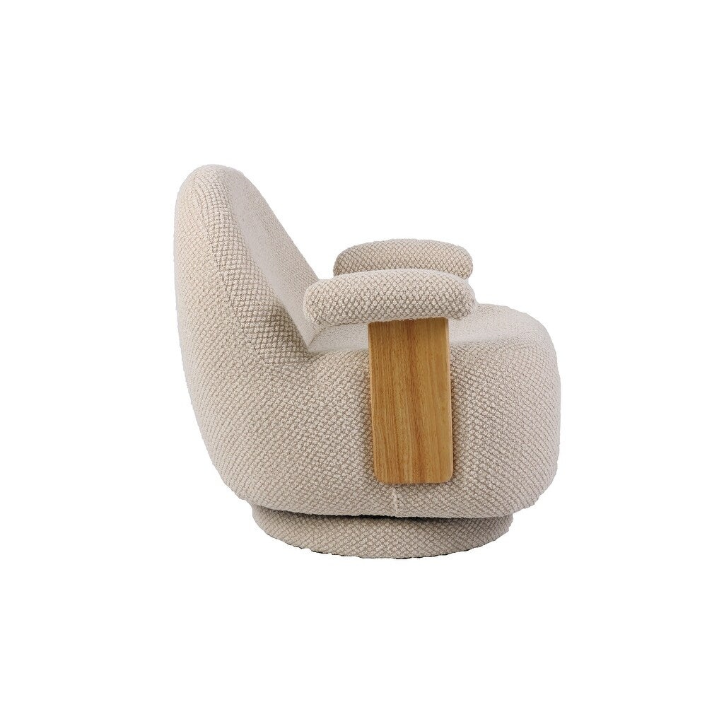 Swivel Chair Upholstered Bouclé Fabric with Rubberwood Arms