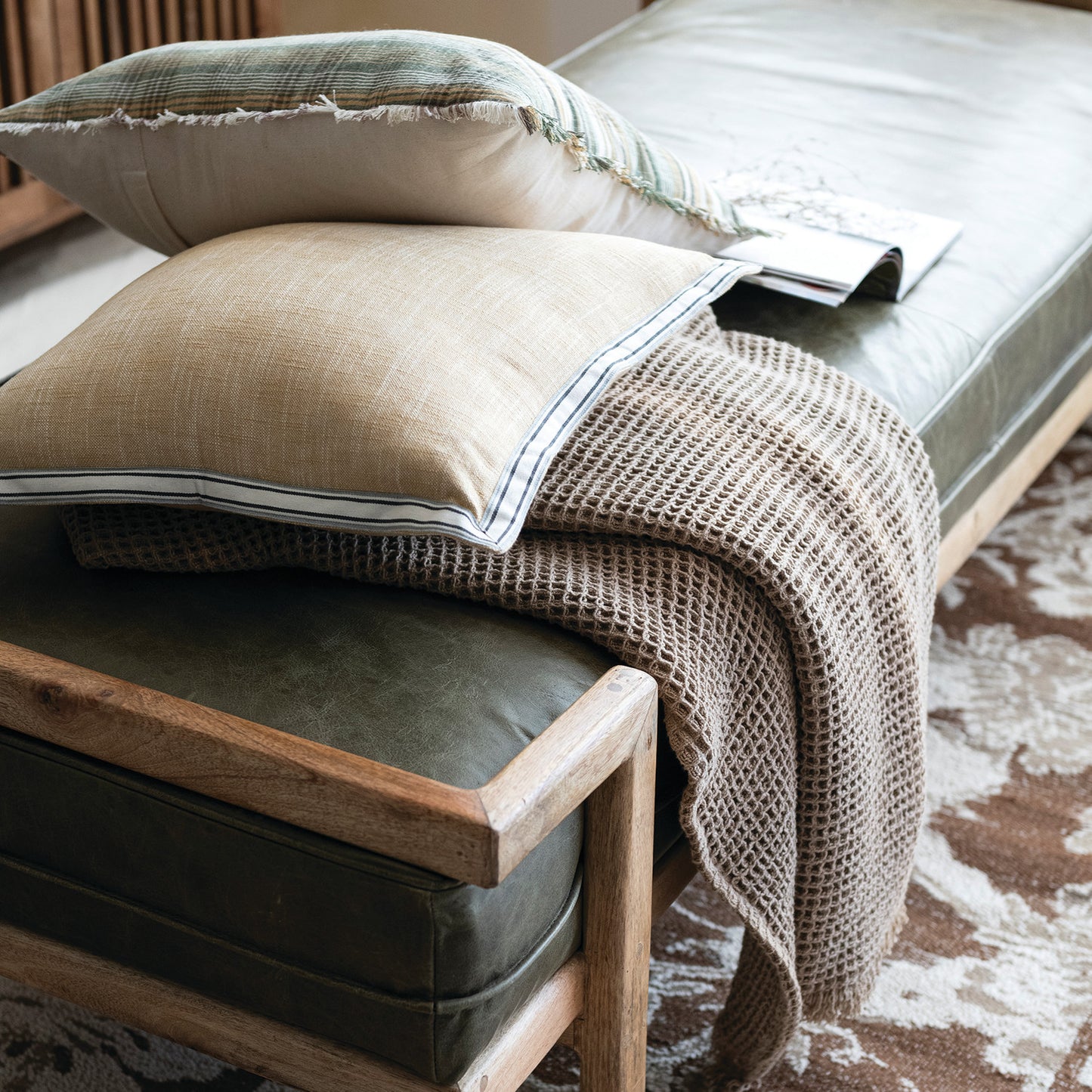 Day Bed/Bench Olive Leather Cushion Mango Wood Frame