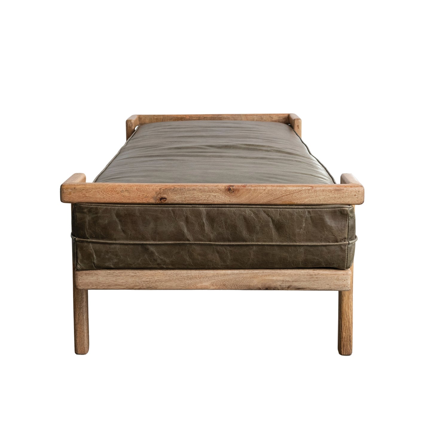Day Bed/Bench Olive Leather Cushion Mango Wood Frame