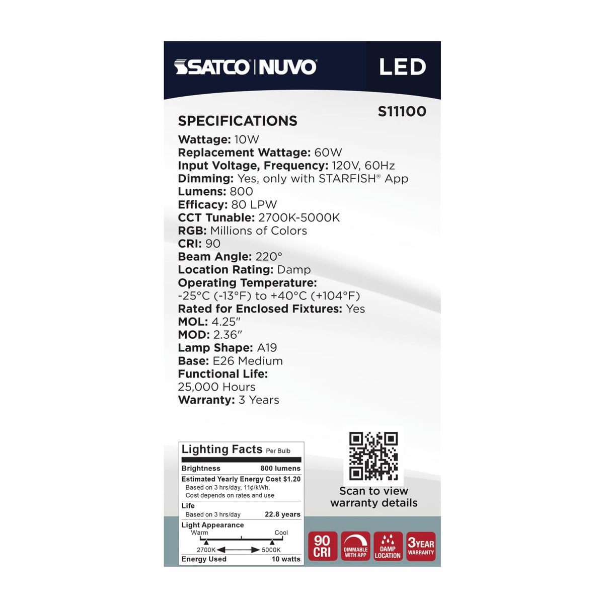 LED Light Bulb; 10 Watt; A19; 2700K-5000K RGB/Tunable White; Starfish; White; Medium Base; 120 Volt