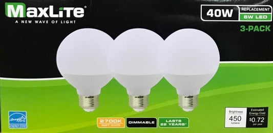 LED Light Bulbs (3 Pack); Warm White; 6W (40W Equivalent); Dimmable; Globe G25; E26 Base; 450 Lumens; 2700K