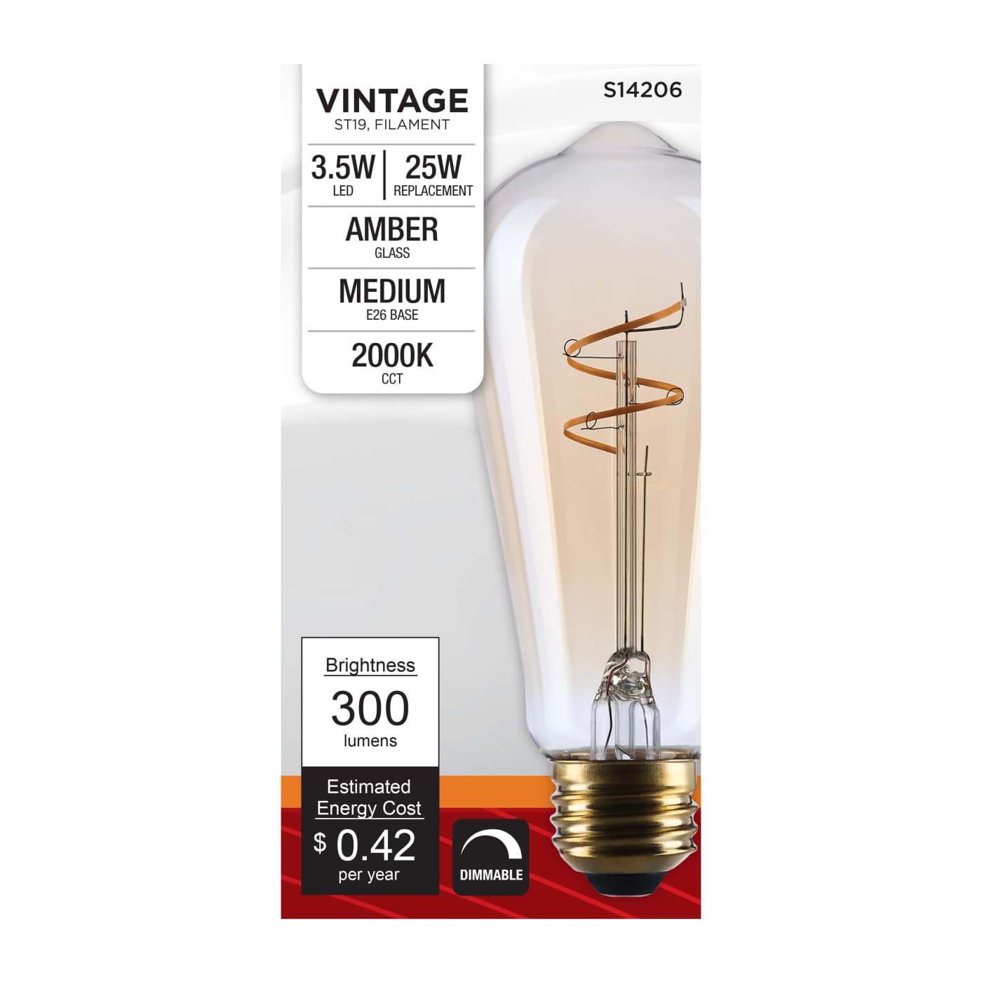 LED Light Bulb, Edison Style, 3.5 Watt ST19, Medium Base, Clear Glass, Amber Coil Filament, Dimmable, 2000K CCT, 300 Lumens, 120 Volt