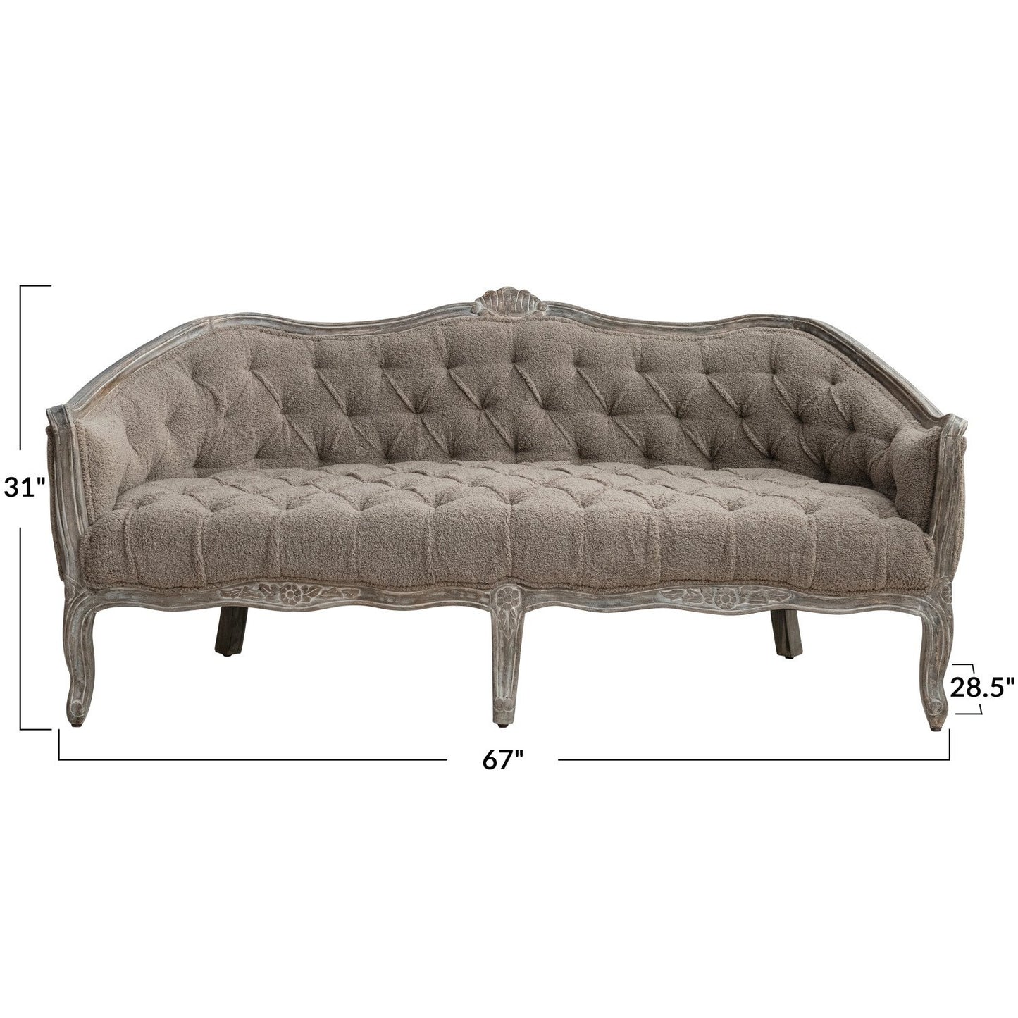 Sofa Pintucked Upholstered Bouclé Fabric Hand Carved Mango Wood Frame