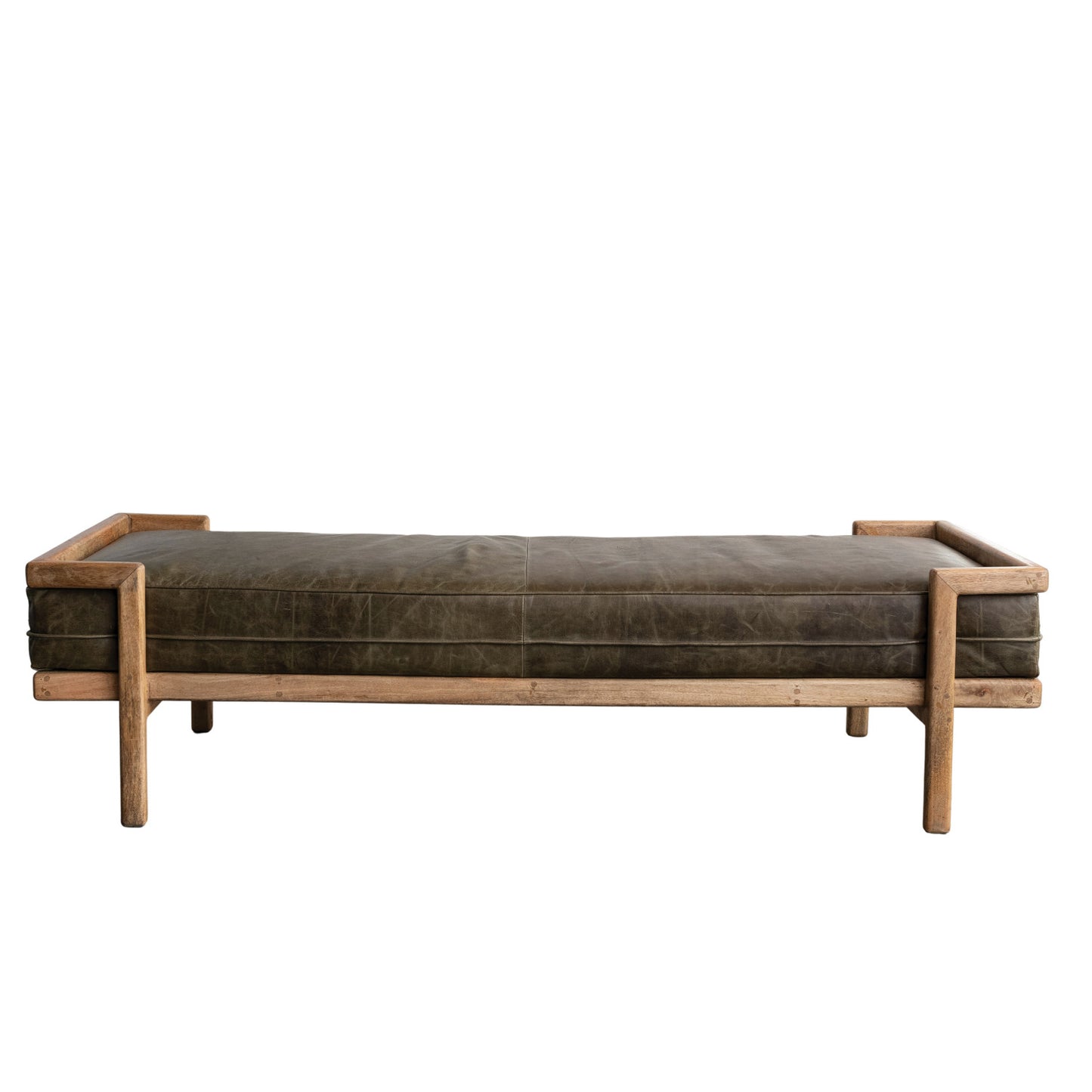 Day Bed/Bench Olive Leather Cushion Mango Wood Frame