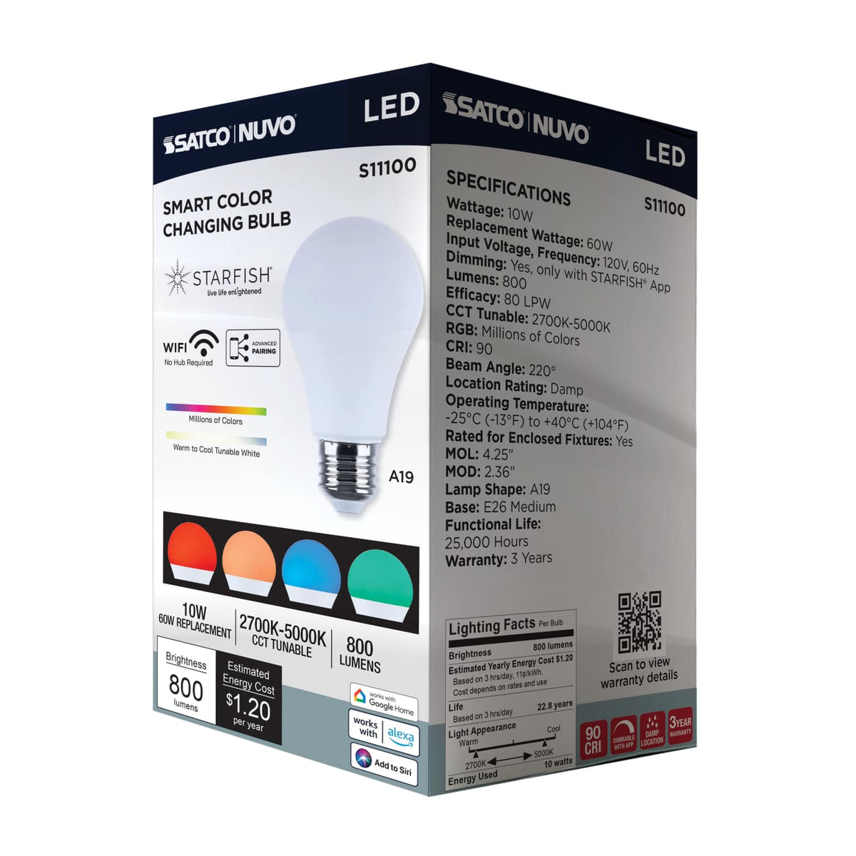 LED Light Bulb; 10 Watt; A19; 2700K-5000K RGB/Tunable White; Starfish; White; Medium Base; 120 Volt