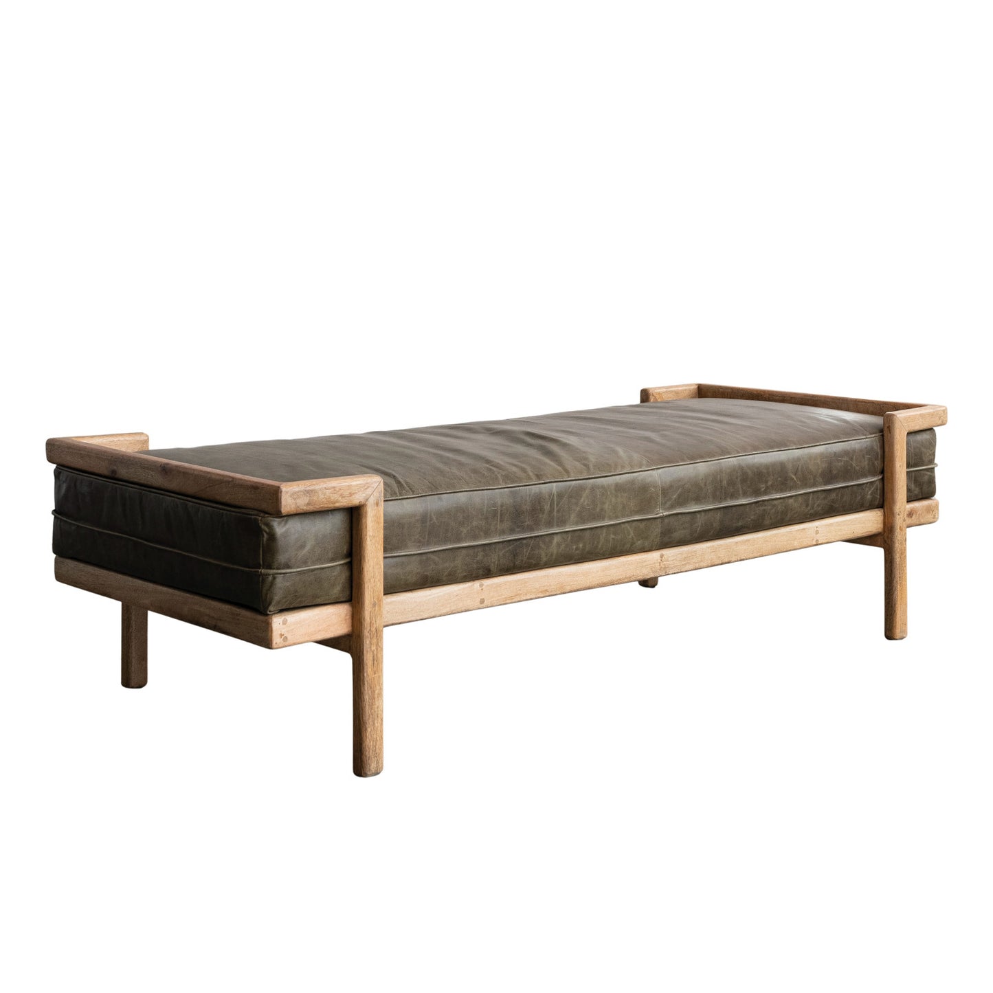 Day Bed/Bench Olive Leather Cushion Mango Wood Frame