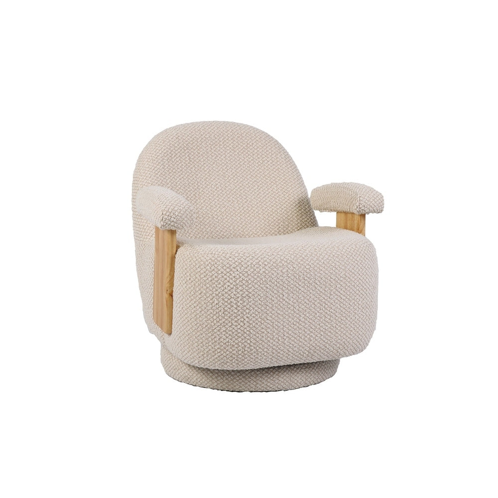 Swivel Chair Upholstered Bouclé Fabric with Rubberwood Arms