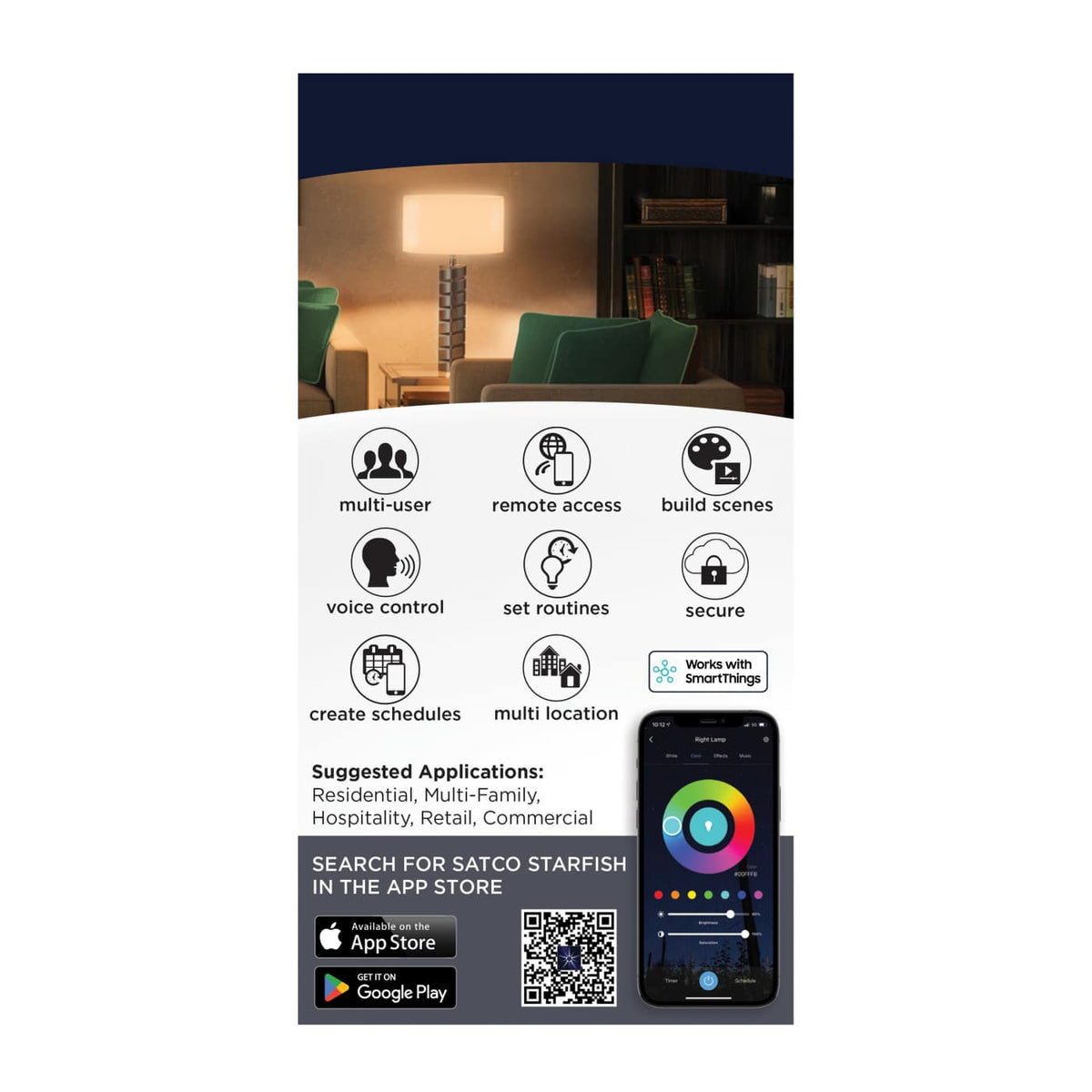 LED Light Bulb; 10 Watt; A19; 2700K-5000K RGB/Tunable White; Starfish; White; Medium Base; 120 Volt