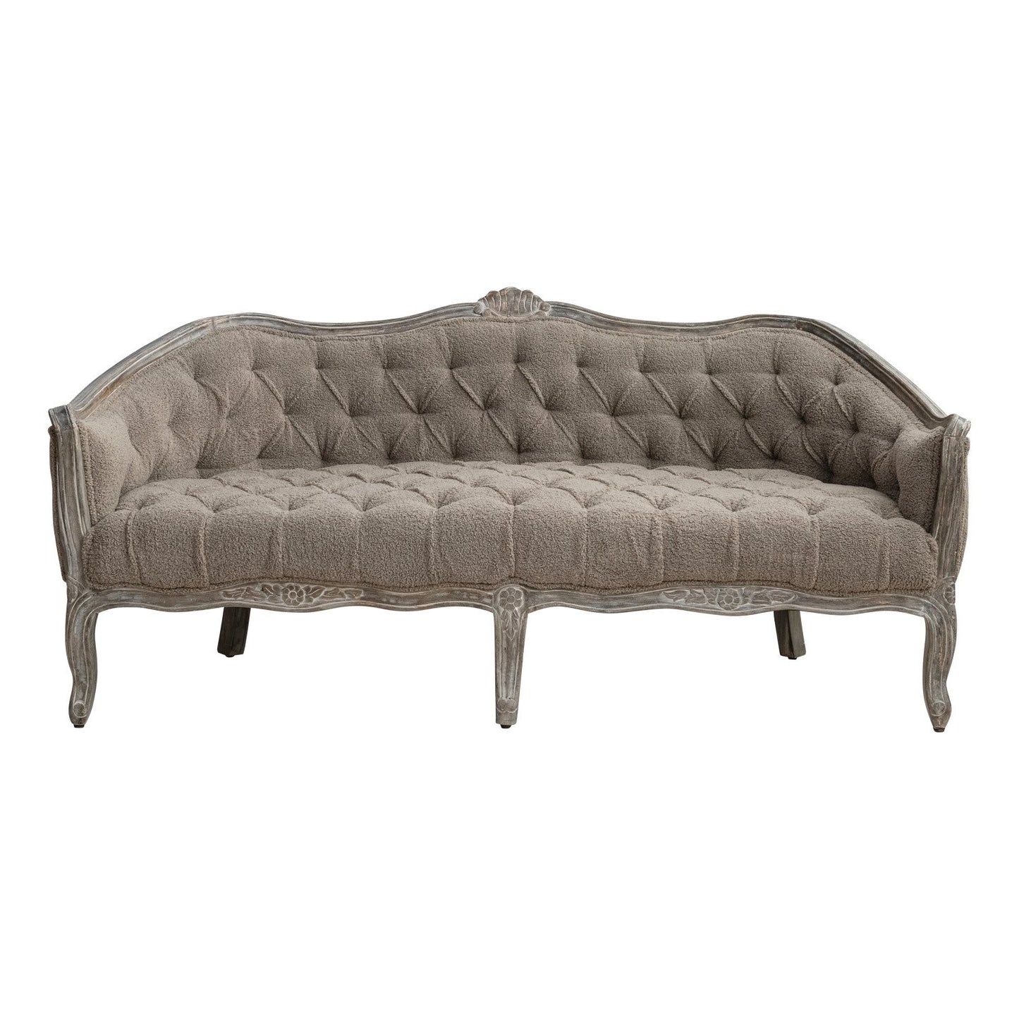 Sofa Pintucked Upholstered Bouclé Fabric Hand Carved Mango Wood Frame