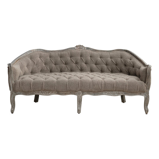 Sofa Pintucked Upholstered Bouclé Fabric Hand Carved Mango Wood Frame