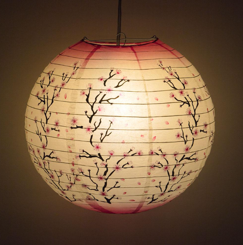 Paper Lantern 14in Regular Rib Pattern Pink Cherry Blossom Tree