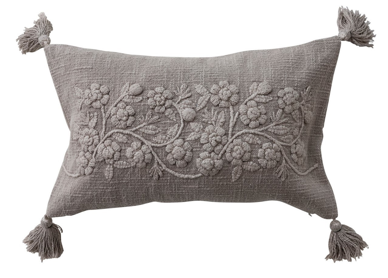 Pillow Lumbar Cotton Embroidered Flowers Taupe 20"l x 12"h
