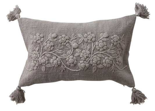 Pillow Lumbar Cotton Embroidered Flowers Taupe 20"l x 12"h