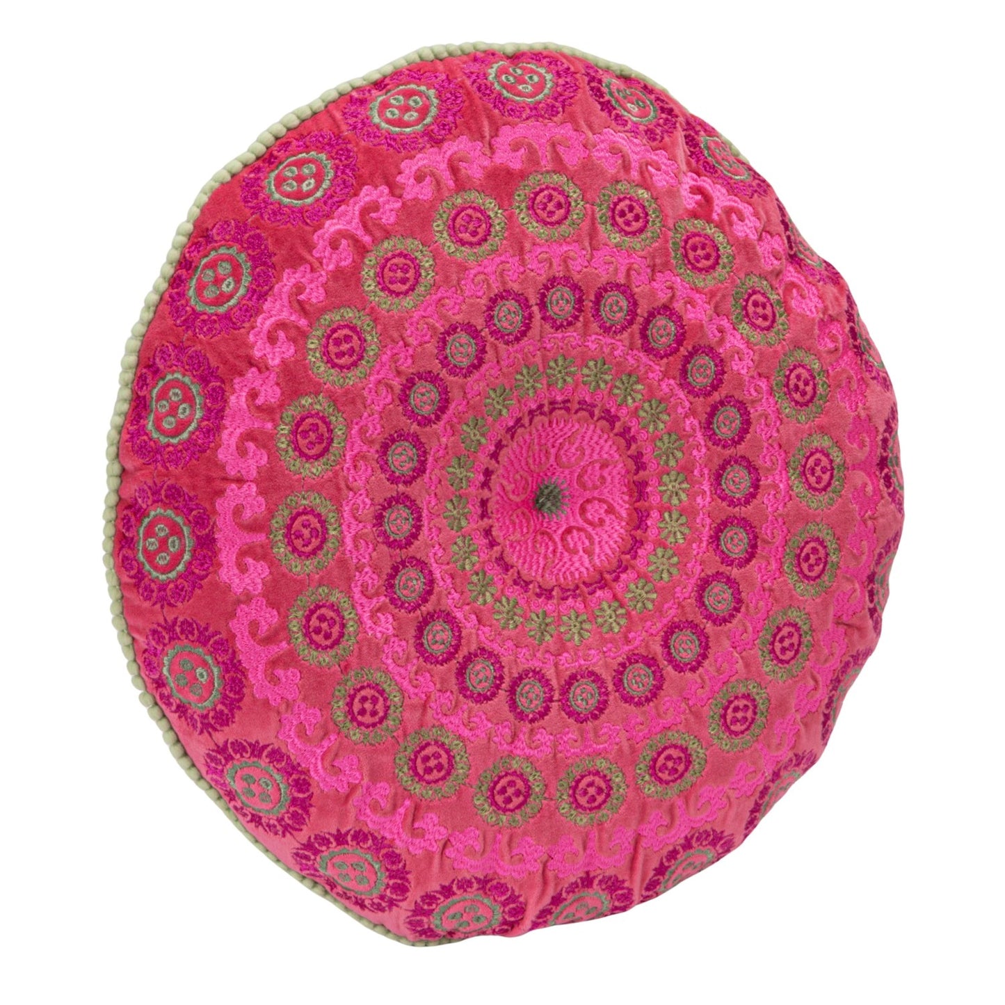 Pillow Round Cotton Velvet Embroidered Pink & Fuchsia 16"