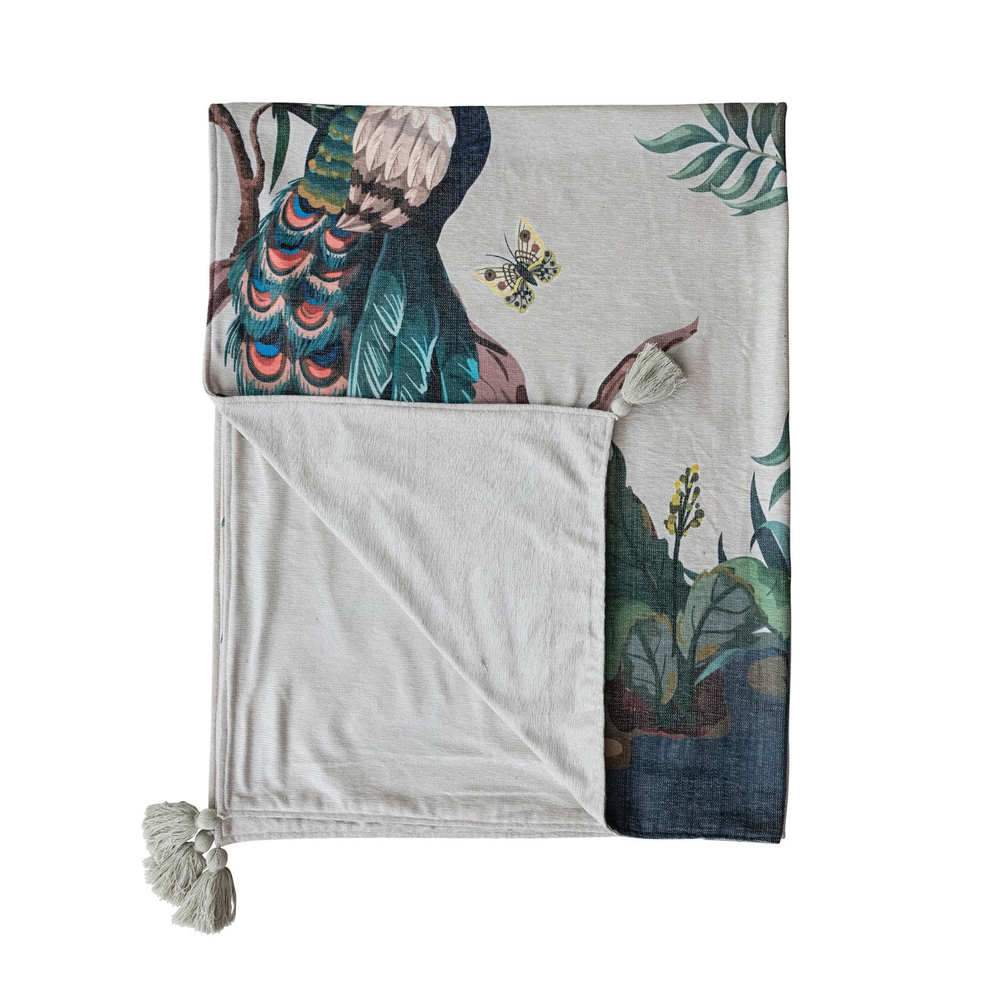 Throw Blanket Poly Fabric Blend Peacock, Birds, Butterfly 60"L x 50"W