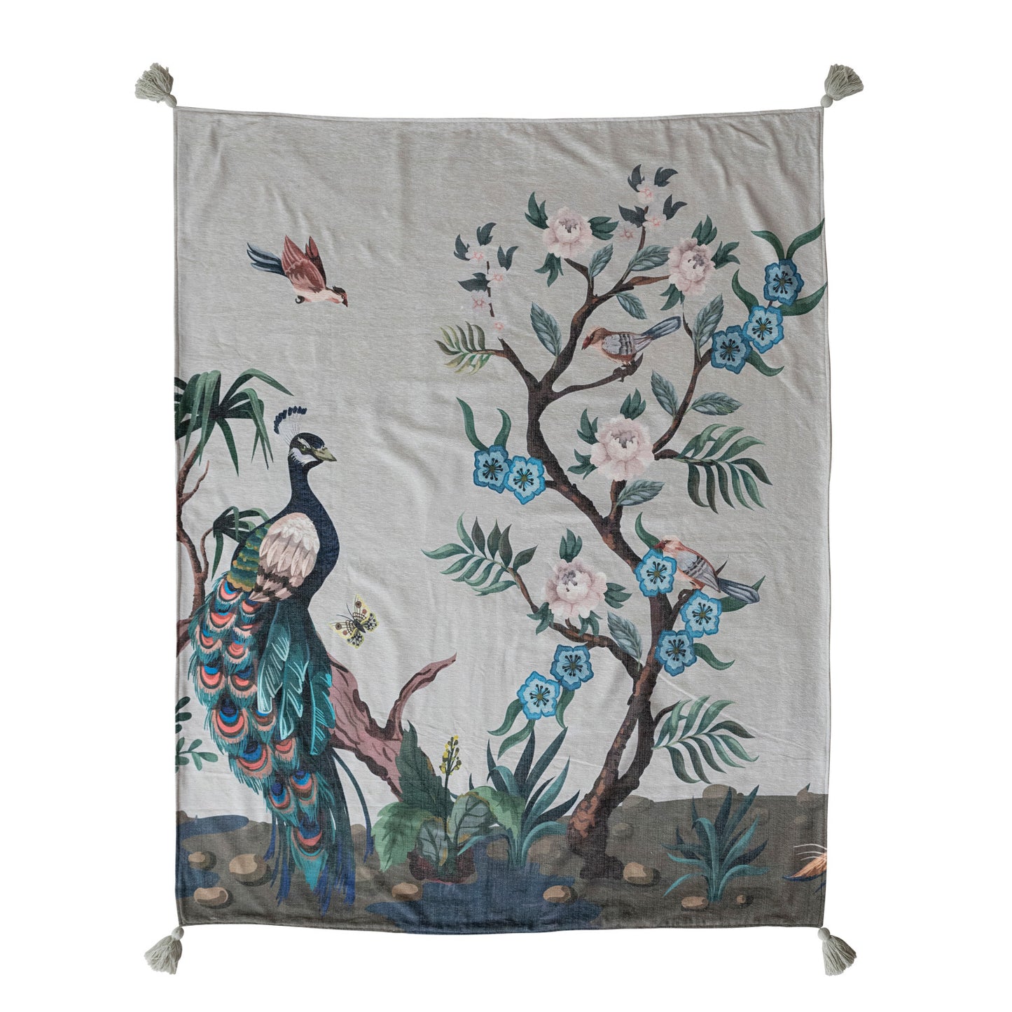 Throw Blanket Poly Fabric Blend Peacock, Birds, Butterfly 60"L x 50"W