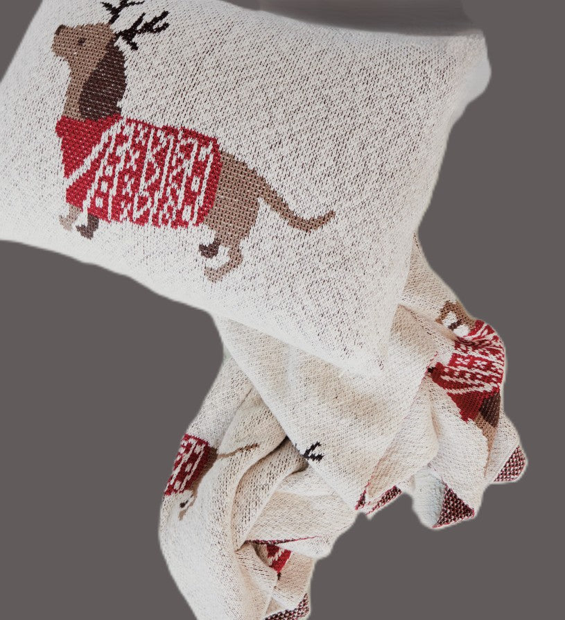 Throw Blanket Holiday Cotton Knit with Tree & Heart Pattern Red 60" x 50"