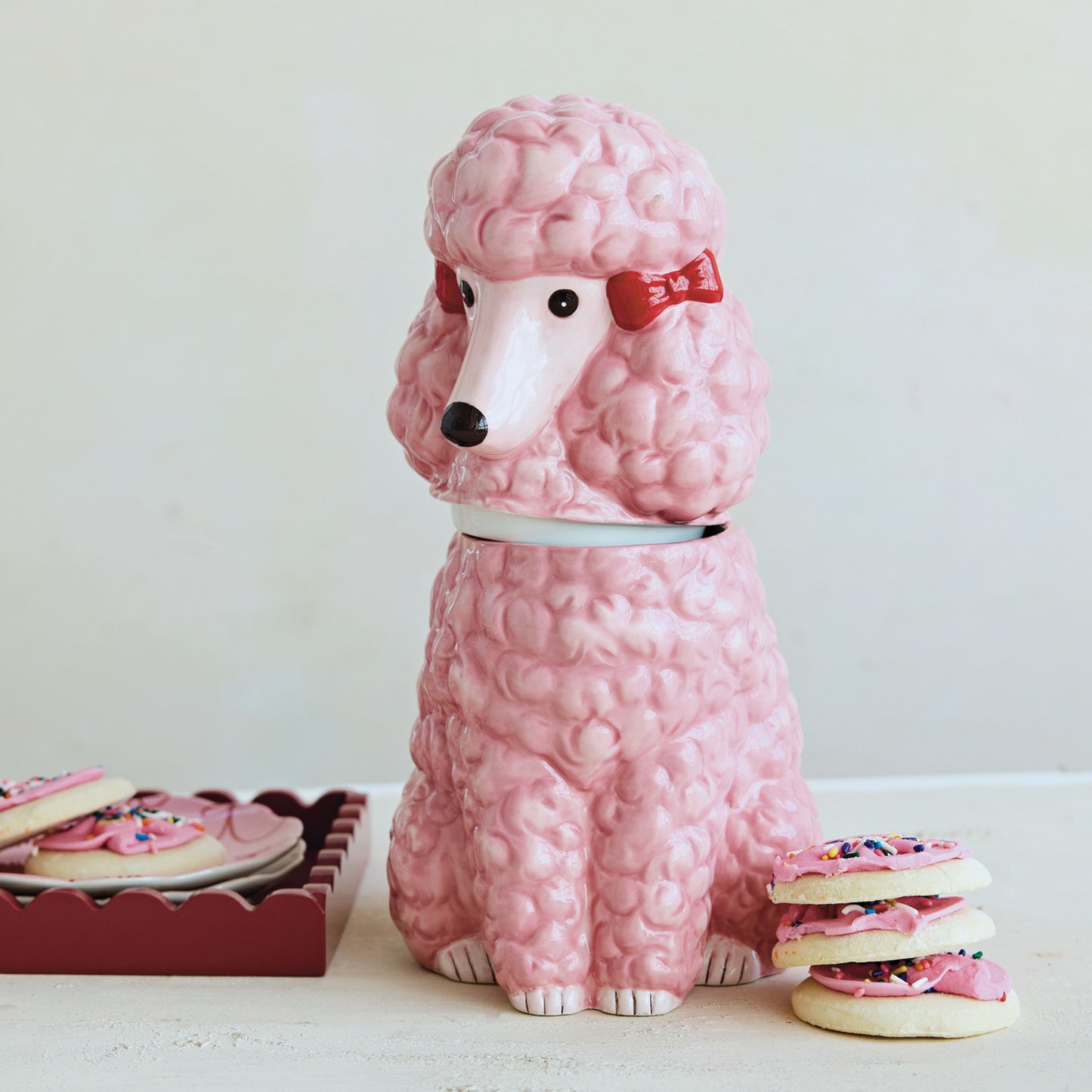 Jar with Cover Ceramic Poodle Shaped Pink with Red Bows 11.75"h