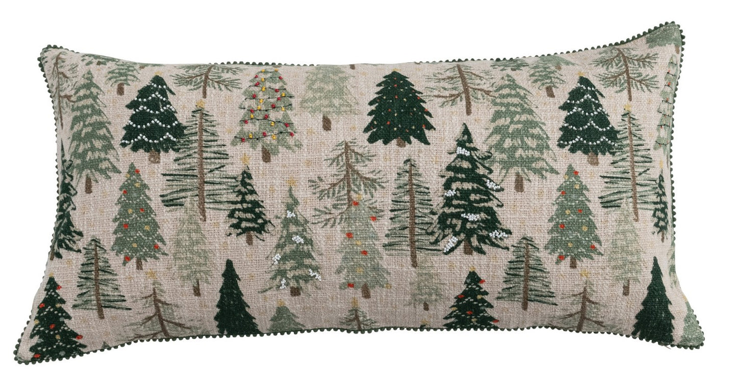 Pillow Holiday Lumbar Cotton & Linen Trees Green 28" x 14"