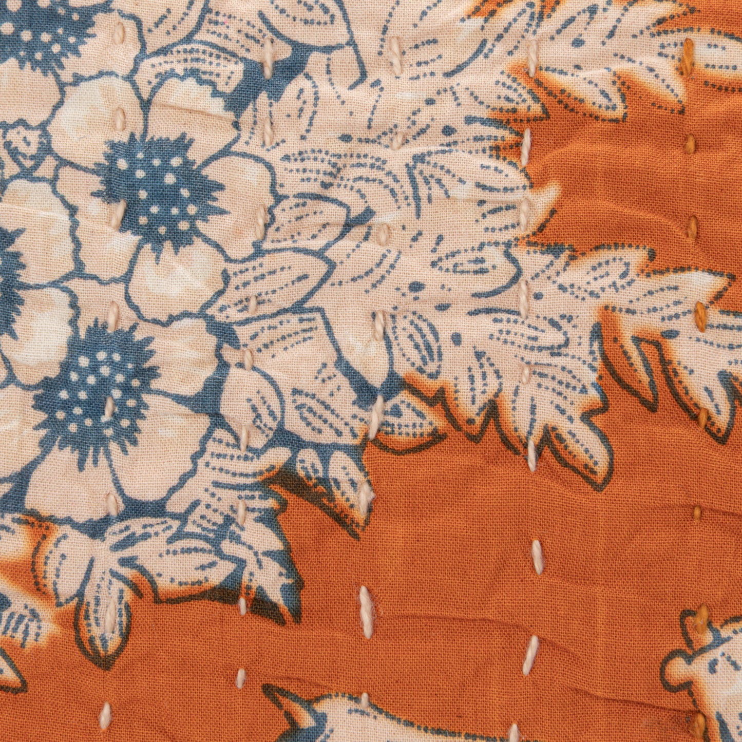 Pillow Cotton Voile Kantha Stitched Floral Orange 12" Square