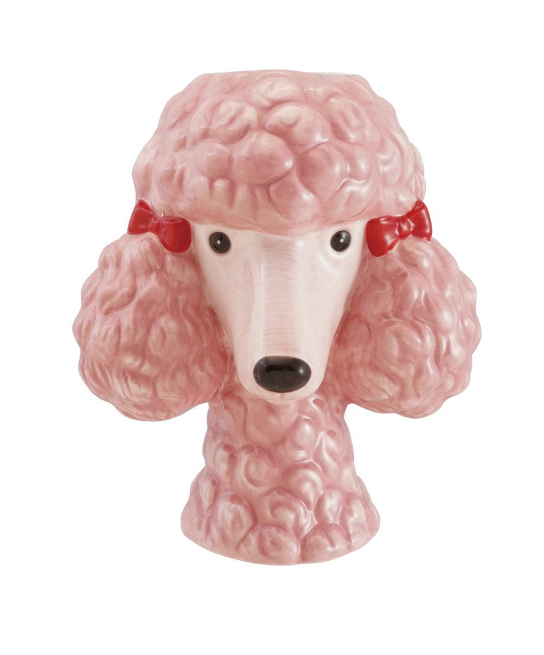 Vase Ceramic Poodle Head Shaped Pink with Red Bows 8"h