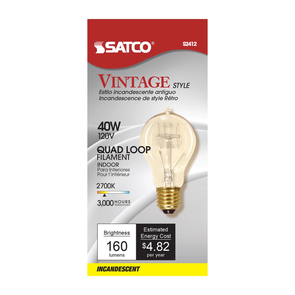 Light Bulb 40 Watt A19 Incandescent, Edison Style; Clear; CCT (Kelvin) - 2700K; 160 Lumens; Medium base; 120 Volt