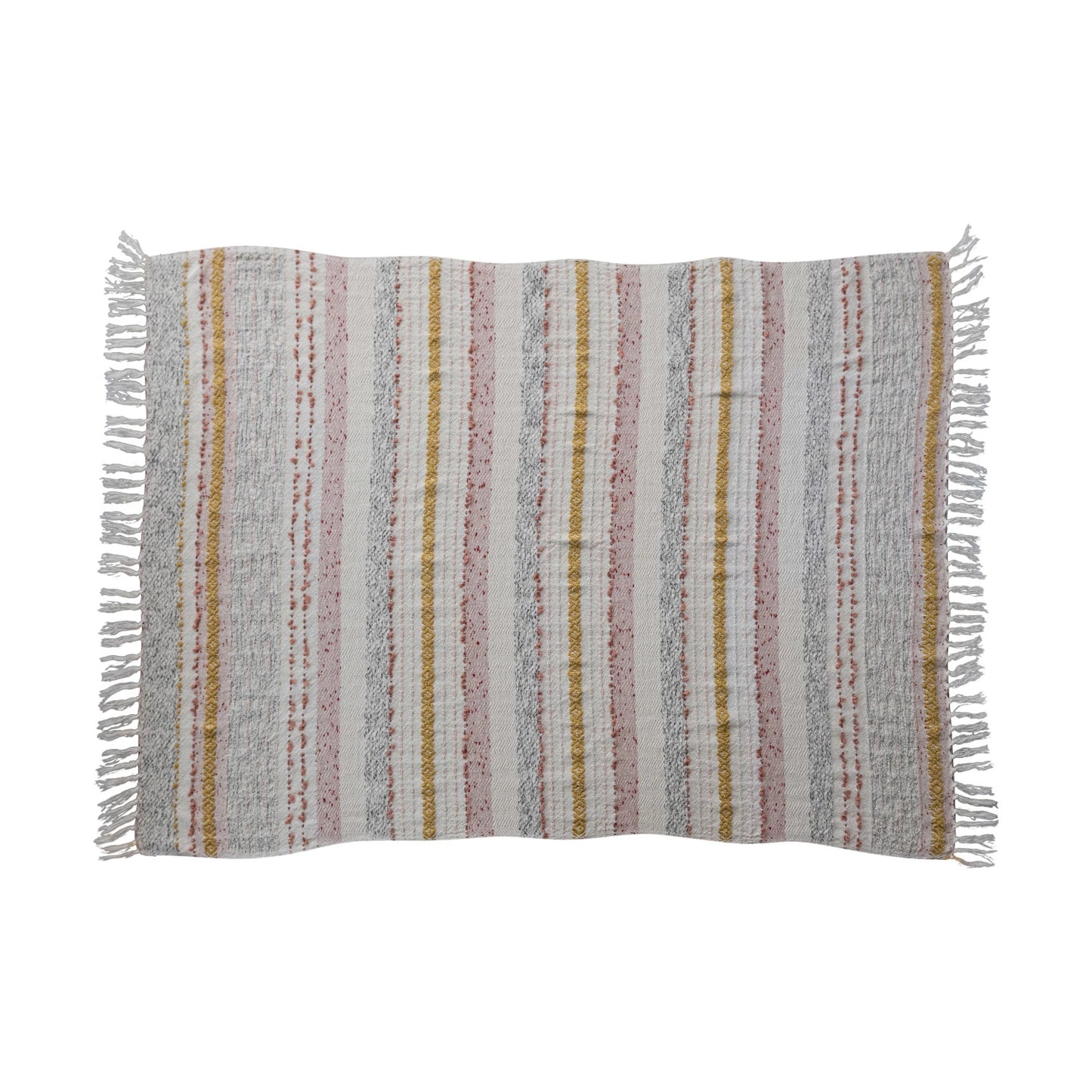 Throw Blanket Cotton Stripes, Embroidered with Fringe Pink, White, Gold