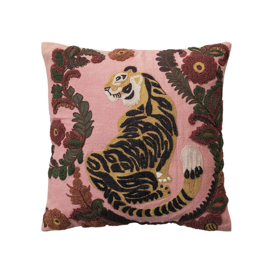 Pillow Cotton Slub Embroidered Tiger and Flowers 20" Square