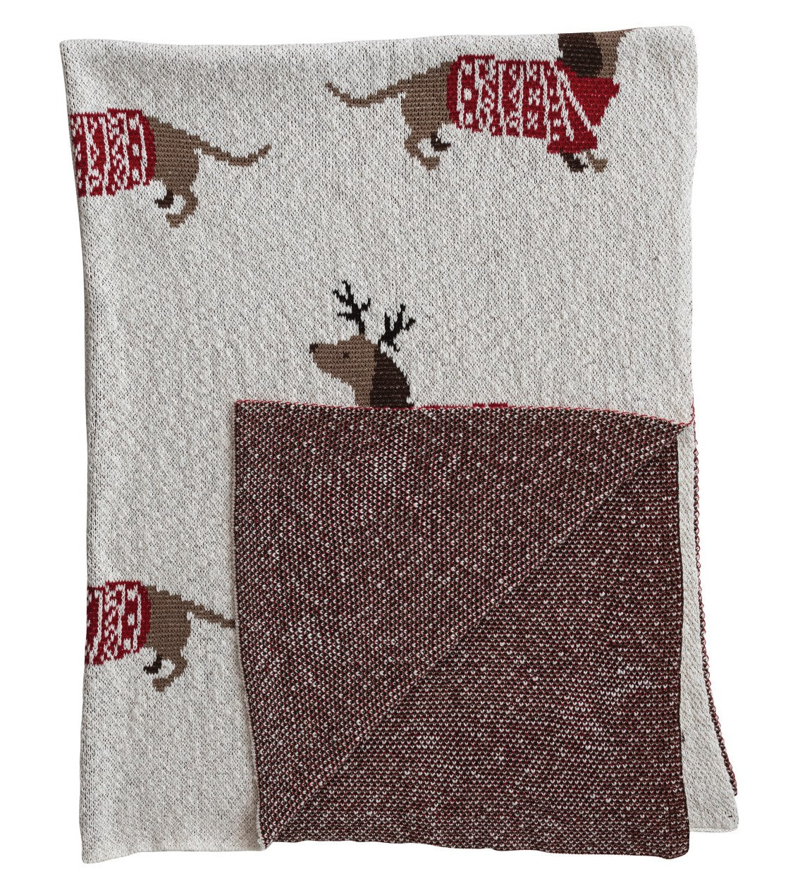 Throw Blanket Holiday Cotton Knit with Tree & Heart Pattern Red 60" x 50"