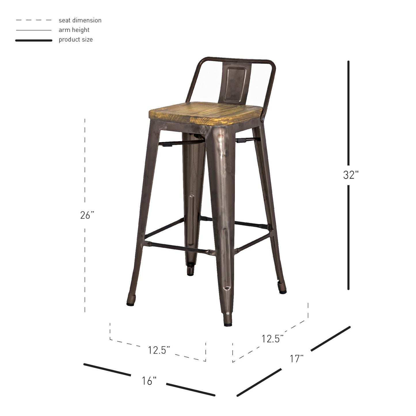 Metropolis Wood Seat Low Back Counter Stool 26in Gunmetal