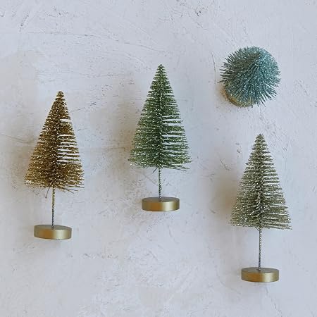 Tree Bottle Brush w/Wood Base - Green & Gold - Sold Individually - 6"h